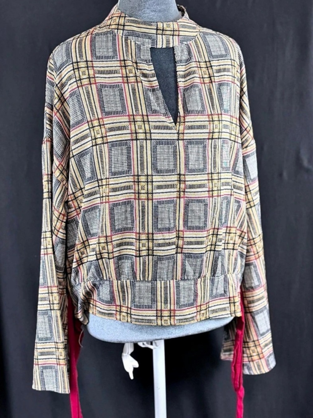 Willow & Root Plaid Blouse Open Back Trumpet Sleeve